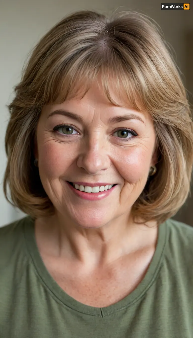 This image shows a headshot of a fat smiling mature granny. She has shoulder-length, light brown hair with lighter highlights, styled with some volume and bangs. Her eyes are blue and she's looking directly at the camera. She's wearing a casual, light olive green t-shirt with a v-neck that reveals some cleavage. There are visible freckles on her chest. The lighting in the image appears to be natural, and the background is a blurred, light-colored indoor setting.