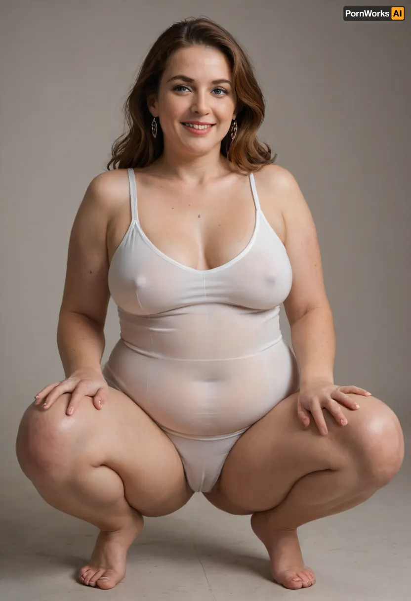 This striking full-body portrait, meticulously presents a ssbbw mature, fat, FUPA, very obese, (chubby), (gilf), 60 years old. Her presence dominates the frame against a stark and unassuming plain black backdrop, ensuring all attention is directed towards her. She is squatting.
Her face is a compelling focal point, showcasing soft, mature features. Her skin has wrinkles, possessing a natural, even complexion that hints at a life well-lived. There are subtle suggestions of maturity around her striking light eyes, which are the windows to a confident and knowing gaze directed straight at the viewer. Her facial expression is inviting, marked by a sexy and authentic smile that subtly lifts her big, plump, and juicy lips, teeth showing, lips parted. The contours of her face are soft, lacking harsh lines, contributing to her approachable demeanor.
Framing her face is her long, auburn hair, which cascades over her shoulders with a natural wave. Interspersed within the auburn are distinct and visible streaks of gray, unequivocally signaling her mature age and adding a touch of distinguished elegance to her appearance. Her hair is styled with a simple part slightly to her right, allowing it to fall naturally and frame her face softly. Long hair.
Her body is plump and has a curvaceous figure, obese. Her mature physique is evident in several key areas, wide hips that suggest a feminine silhouette, a noticeable fupa, which is a roll of fat in the upper pubic area, a chubby pelvis, and a plump waist, all contributing to her substantial and womanly form. Her breasts are presented in a realistic manner, appearing saggy due to age and gravity. She is wearing a form-fitting, white v-neck one-piece swimsuit. The fabric appears to be a thin material, which subtly clings to her curves, further emphasizing her plump figure. The v-neck cut is notably deep, drawing the viewer's eye to her décolletage, a classic area of mature feminine allure.
Her hands are positioned near her breasts, conveying a relaxed and natural posture. On her left hand ring finger, she wears a prominent wedding ring featuring a big, sparkling diamond. Exposed pubic hair, excessive pubic hair, cellulite, thick, thighs