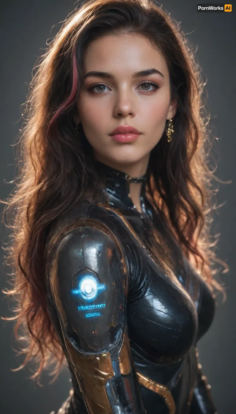 Futuristic woman, glowing light-medium skin, symmetrical face, sharp cheekbones, full glossy lips, long wavy black hair with pink neon highlights, holographic futuristic bodysuit, golden jewelry, Metaverse sci-fi fashion, cinematic lighting, hyper-realistic details.