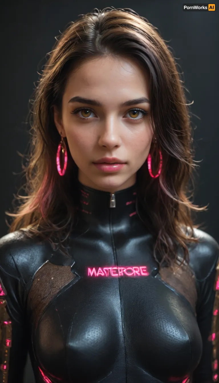 Futuristic woman, glowing light-medium skin, symmetrical face, sharp cheekbones, full glossy lips, long wavy black hair with pink neon highlights, holographic futuristic bodysuit, golden jewelry, Metaverse sci-fi fashion, cinematic lighting, hyper-realistic details.