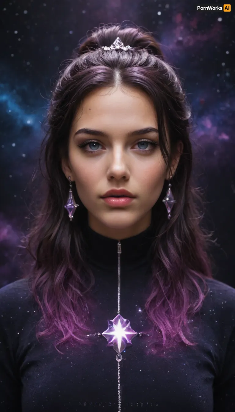 A Starseed Empress floating in deep space, wearing a crystalline robe and a cosmic crown made of orbiting planets. She stands atop a glowing Merkaba platform surrounded by sacred geometry, stardust, and galactic portals. Her eyes glow like stars. Background, violet nebula, cosmic fractals, divine starfield. Galactic feminine energy, celestial journal cover.
