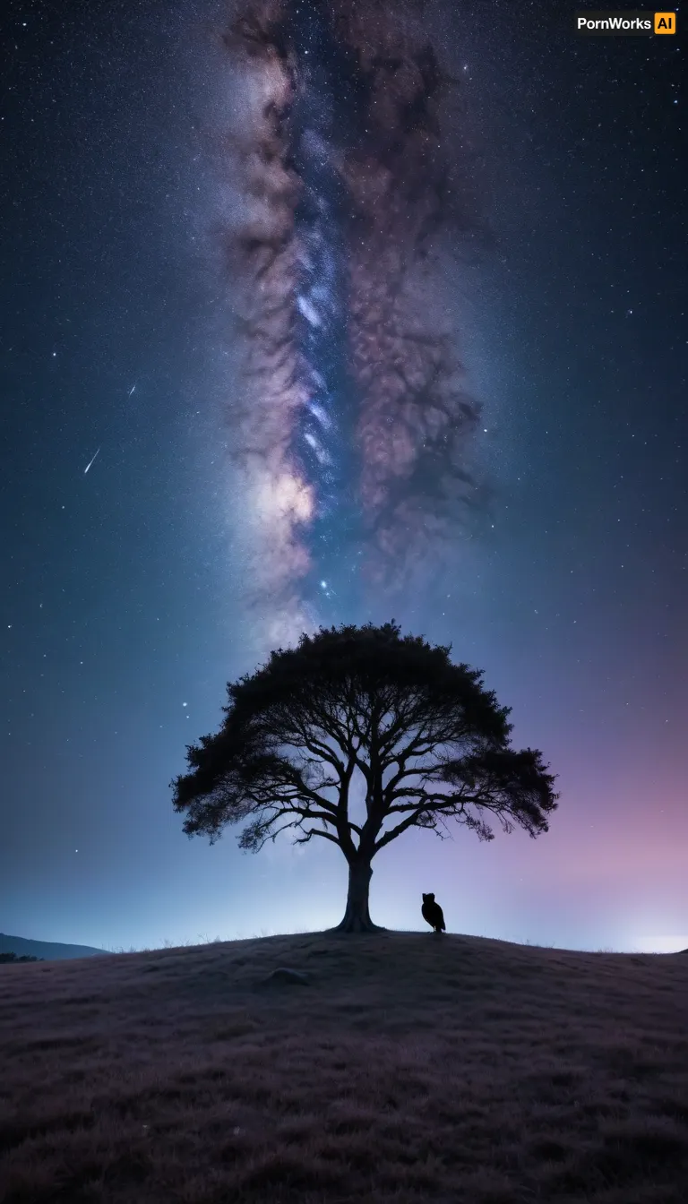 A serene night-time landscape showing a silhouette of a lone tree on a quiet hilltop under a vast starry sky. The Milky Way stretches across the sky with glowing constellations, while a small owl sits on a branch, watching the stars. Fireflies gently glow near the ground, and a light mist hugs the grass. Cool tones of deep blue, silver, and soft purples dominate the scene. Peaceful, slightly magical atmosphere, ultra-realistic details, no text, perfect for a calm and dreamy desktop wallpaper, 4K resolution.