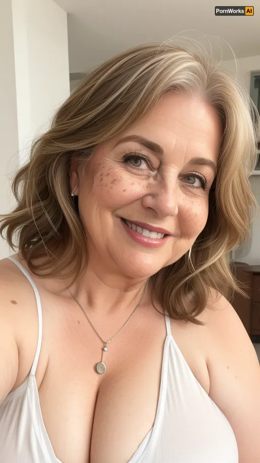 This image shows a headshot of a 65 year old obese ssbbw smiling mature granny. She has shoulder-length, light brown hair with lighter highlights, styled with some volume and layers. Her eyes are blue and she's looking directly at the camera. She's wearing a casual, light white camisole with a v-neck that reveals some cleavage. There are visible freckles on her chest. The lighting in the image appears to be natural, and the background is a blurred, light-colored indoor setting. Erect nipples. Downblouse, leaning forward., downblouse, nipslip, <lora:RealDownblouse4:.2>