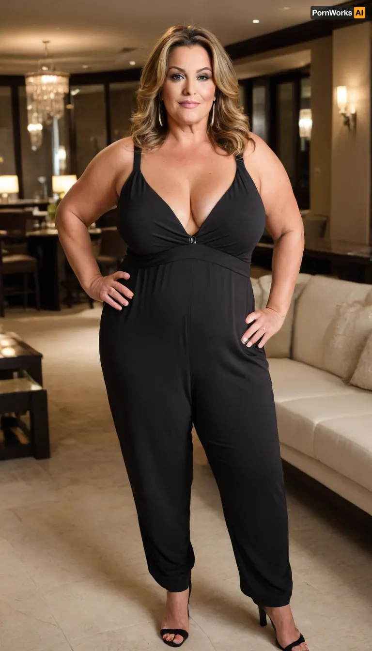 Women, 55 years old, milf, ssbbw figure, fupa, cameltoe, with oversized massive thick thighs and oversized wide hips. Natural floppy breast, braless under clothes. Tanned, tannlines. Seductive posing. Captivating light eyes. Dark blonde hair, hairlenght up to hips, straight hairstyle. In wide jumpsuit, decollete. At a party in a modern luxury hotel bar. Walking