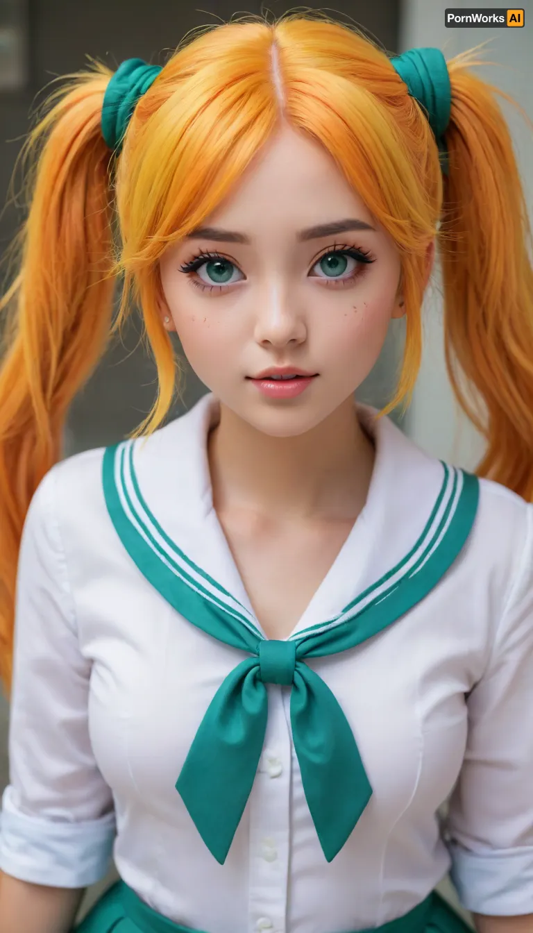 Image is a vibrant digital illustration featuring an anime-style character with long, bright orange hair styled in twin tails, adorned with yellow and green hair ties. The character has large, expressive teal eyes and a playful expression, with a slight blush on the cheeks. She is wearing a green sailor-style outfit with a white collar. The background is a dynamic mix of yellow and white, with a pixelated effect and the text 'kanade' in bold, white, stylized letters, partially obscured by the character's hair. The overall composition is colorful and energetic, with a focus on the character's lively expression and detailed hair design.
