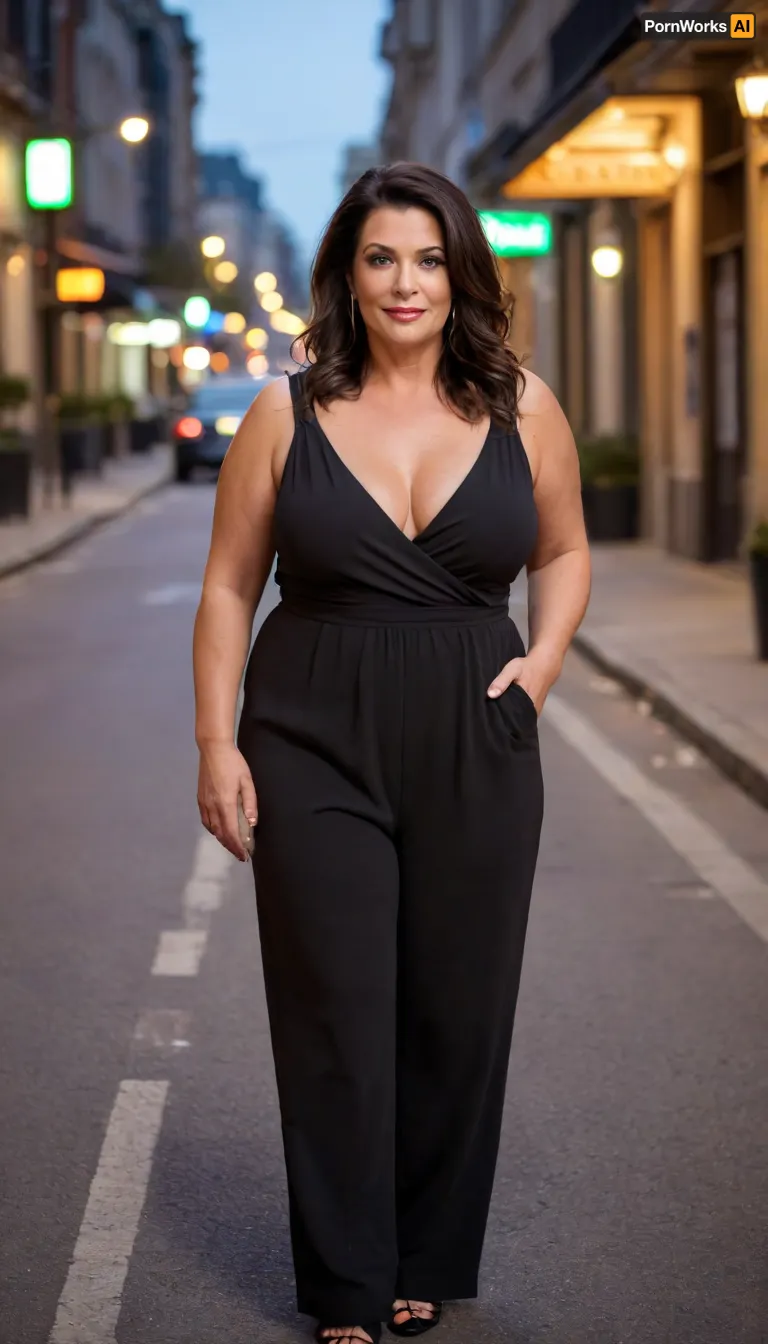 Women, 55 years old, milf, french, ssbbw figure, with oversized massive thick thighs and oversized wide hips. Natural floppy breast, braless under clothes. Tanned, tannlines. Seductive posing. Black hair, hairlenght up to hips, straight hairstyle. In wide jumpsuit, decollete. Night, city, street.