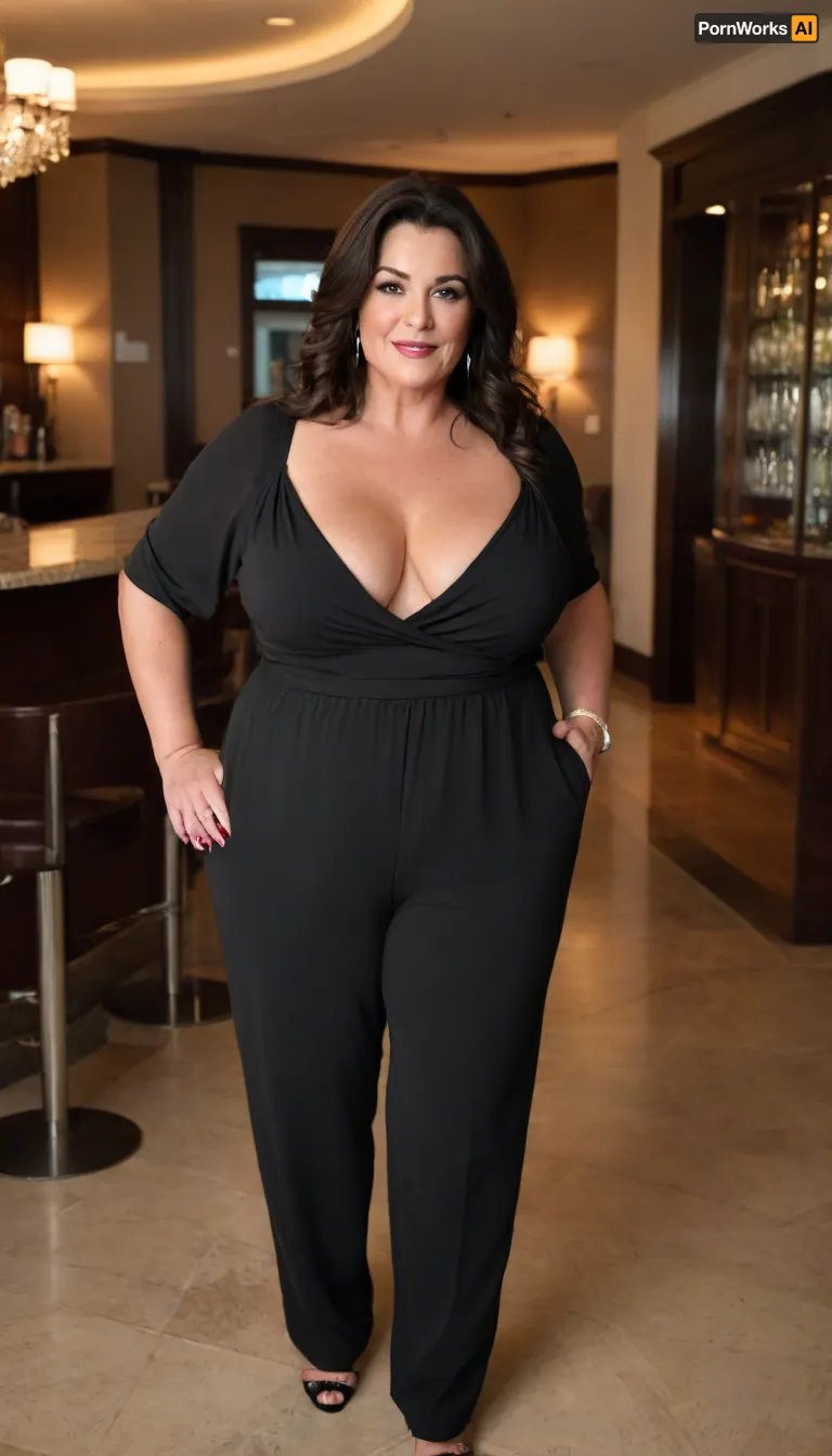 Women, 55 years old, milf, french, ssbbw figure, with oversized massive thick thighs and oversized wide hips. Natural floppy breast, braless under clothes. Tanned, tannlines. Seductive posing. Black hair, hairlenght up to hips, straight hairstyle. In wide jumpsuit, decollete. At a party in a modern luxury hotel bar.
