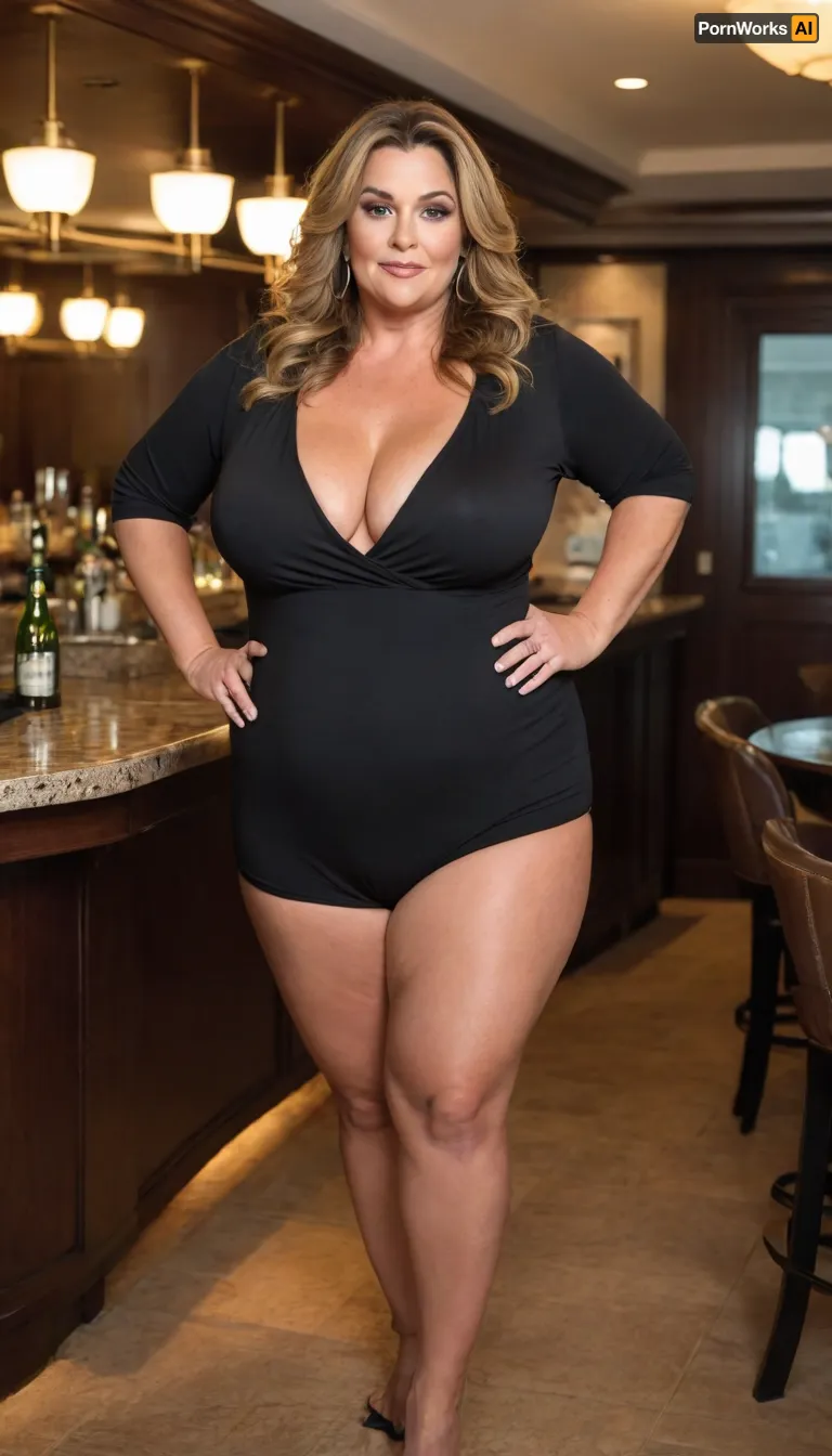 Women, 55 years old, milf, ssbbw figure, fupa, with oversized massive thick thighs and oversized wide hips. Natural floppy breast, braless under clothes. Tanned, tannlines. Seductive posing. Captivating light eyes. Dark blonde hair, hairlenght up to hips, straight hairstyle. In wide black jumpsuit, decollete. At a party in a modern luxury hotel bar. Walking, bottomheavy, big, ass, huge, gigantic, thick, thighs, massive, <lora:bottomheavy_v1_sdxl_tags:.8>