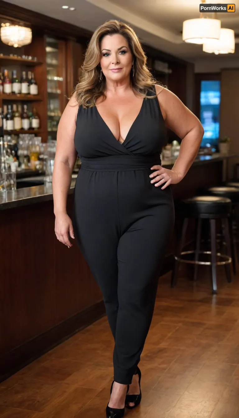 Women, 55 years old, milf, ssbbw figure, fupa, with oversized massive thick thighs and oversized wide hips. Natural floppy breast, braless under clothes. Tanned, tannlines. Seductive posing. Captivating light eyes. Dark blonde hair, hairlenght up to hips, straight hairstyle. In wide black jumpsuit, decollete. At a party in a modern luxury hotel bar. Walking, <lora:add-detail-xl:.8>