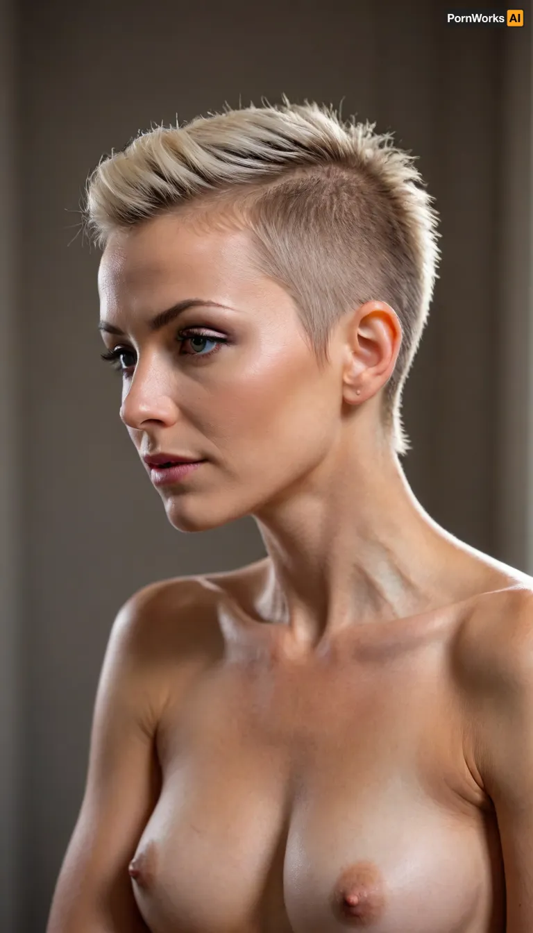 RAW 8K photo, entire body picture head to toes, naked mature woman‘s petit body 45 kilograms light, extremely skinny like a professional ballerina, bordering anorexity, very sinewy body, dry muscles, (very dark sunburnt tanned skin), ultrarealistic skin texture, ashblonde very pixie mohawk updo hair and a undercut, very relaxed posture