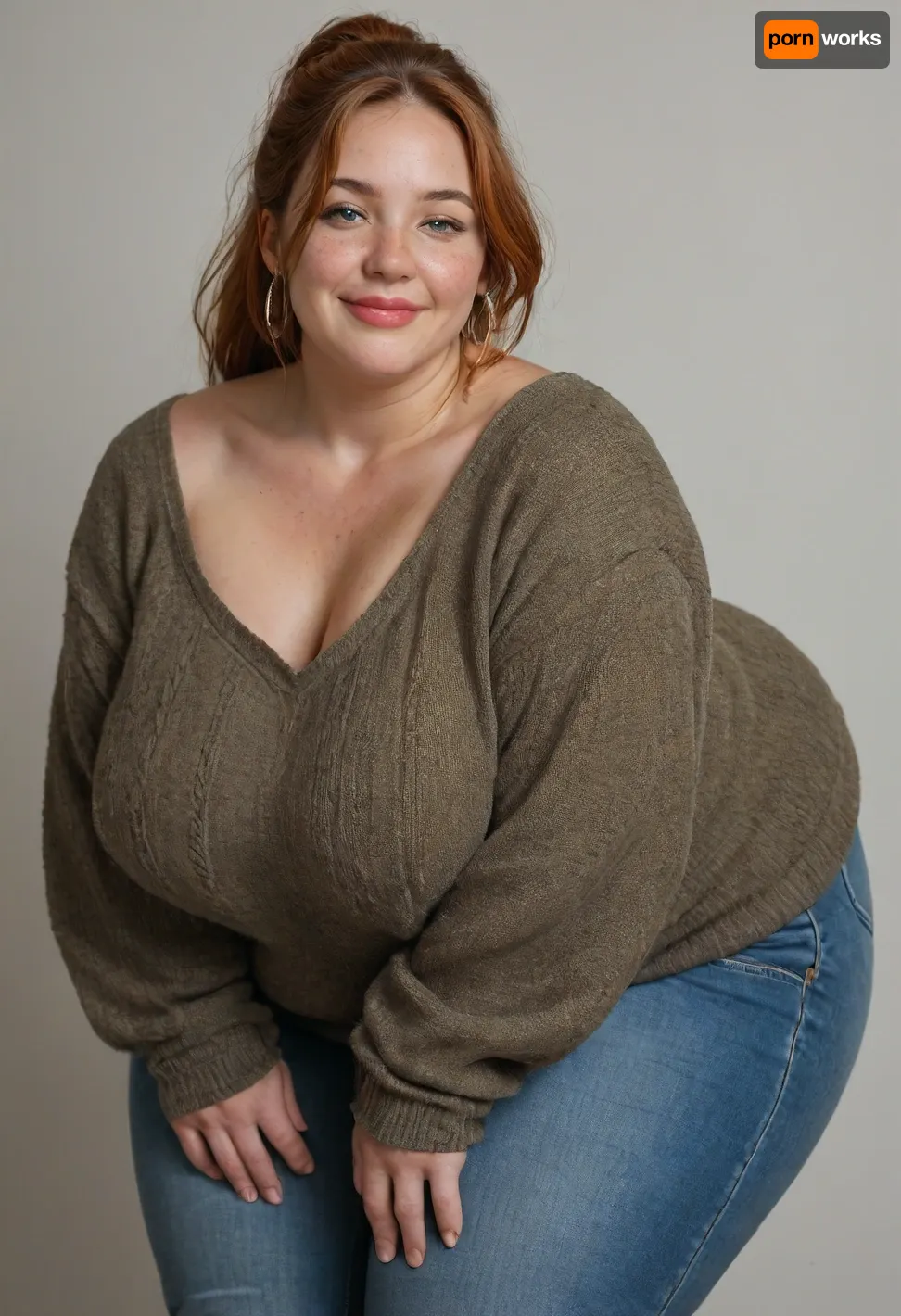 Mature, 45 years old, (oversized ssbbw:1.5), ., (Oversized thick thighs and oversized wide hips:1.2), . Oversized wide sweater. Natural ginger hair, thick ponytail. Freckles on face. Long eyelash. Busty lips, lipstick. Tight jeans. Big earrings. Seductive posing, bent over to the camera. Seductive smile.