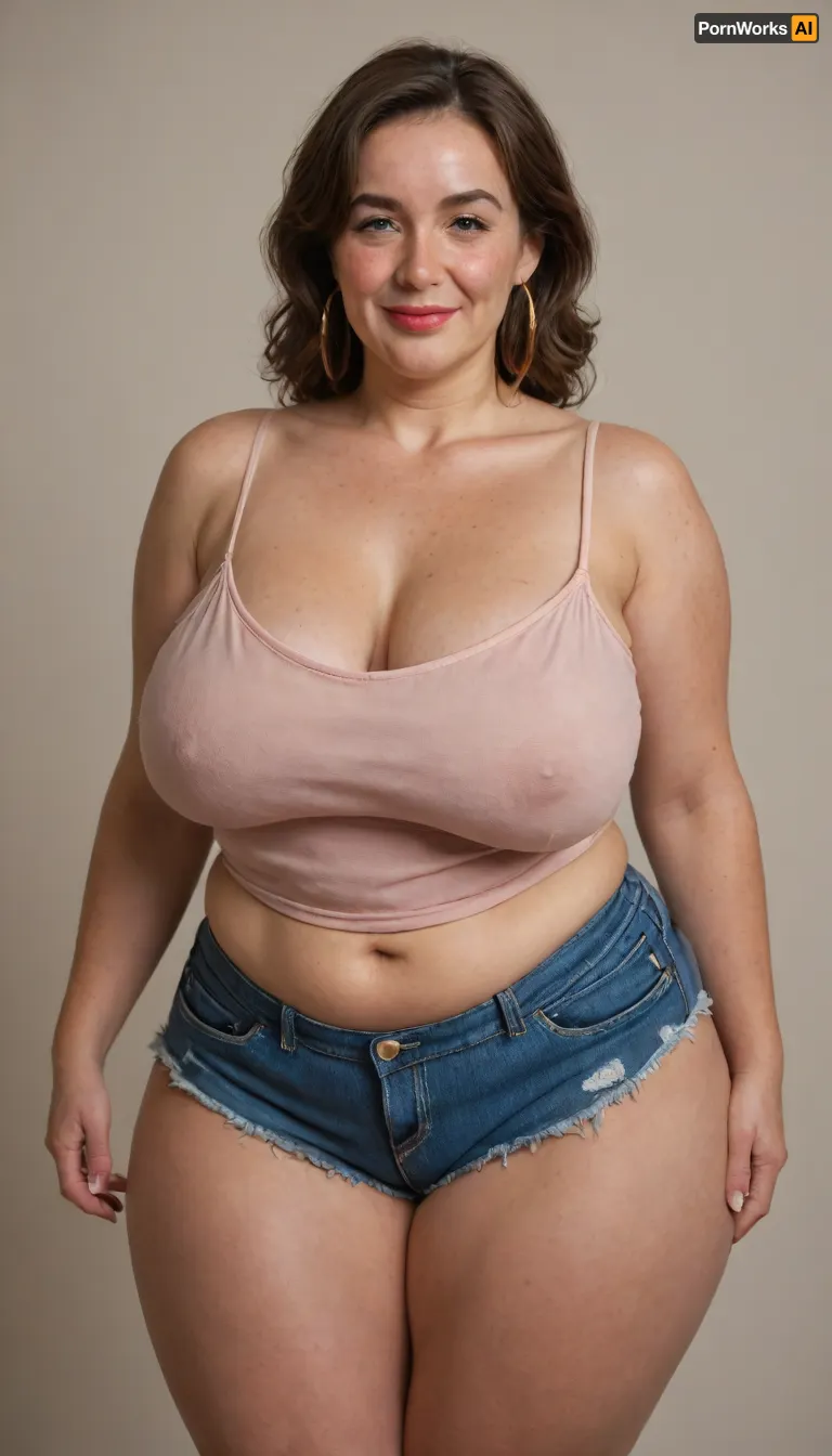 Mature, gilf, 80 years old, (oversized ssbbw:1), ., (Oversized thick thighs and oversized wide hips:1), . Oversized wide thin camisole. Natural brown hair, thick. Freckles on face. Long eyelash. Full lips, lipstick. Tight highwaist shorts. Hoop earrings. Seductive posing. Seductive smile. Fupa. Light eyes, sagging, drooping