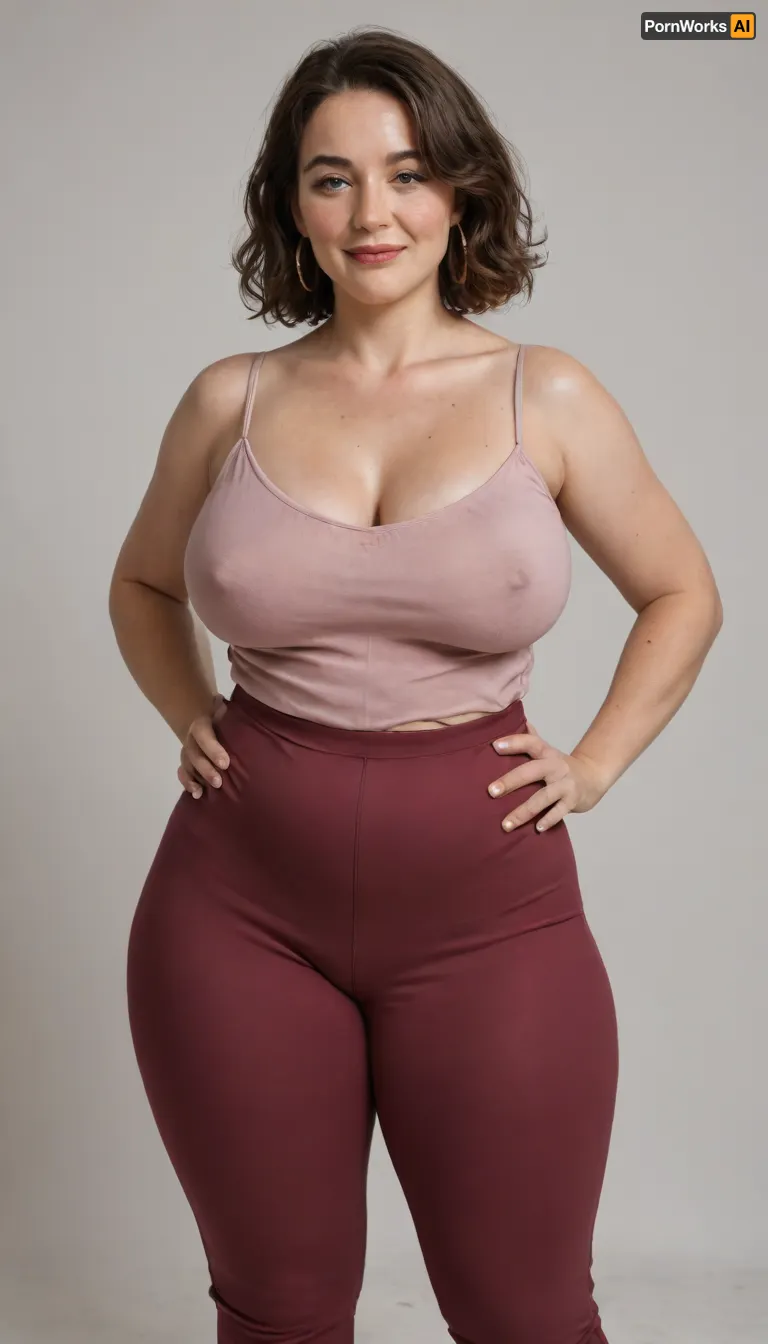 Mature, gilf, 80 years old, (oversized ssbbw:1), ., (Oversized thick thighs and oversized wide hips:1), . Oversized wide thin camisole. Natural brown hair, thick. Freckles on face. Long eyelash. Full lips, lipstick. Tight highwaist yoga pants. Hoop earrings. Seductive posing. Seductive smile. Fupa. Light eyes, sagging, drooping