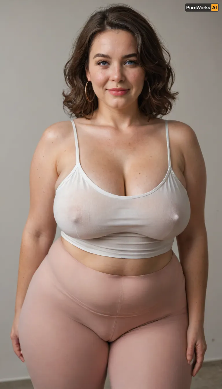 Mature, gilf, 80 years old, (oversized ssbbw:1.3), ., (Oversized thick thighs and oversized wide hips:1), . Oversized wide thin camisole. Natural brown hair, thick. Freckles on face. Long eyelash. Full lips, lipstick. Tight highwaist yoga pants. Hoop earrings. Seductive posing. Seductive smile. Fupa. Light blue eyes, sagging, drooping, puffy cameltoe, plump