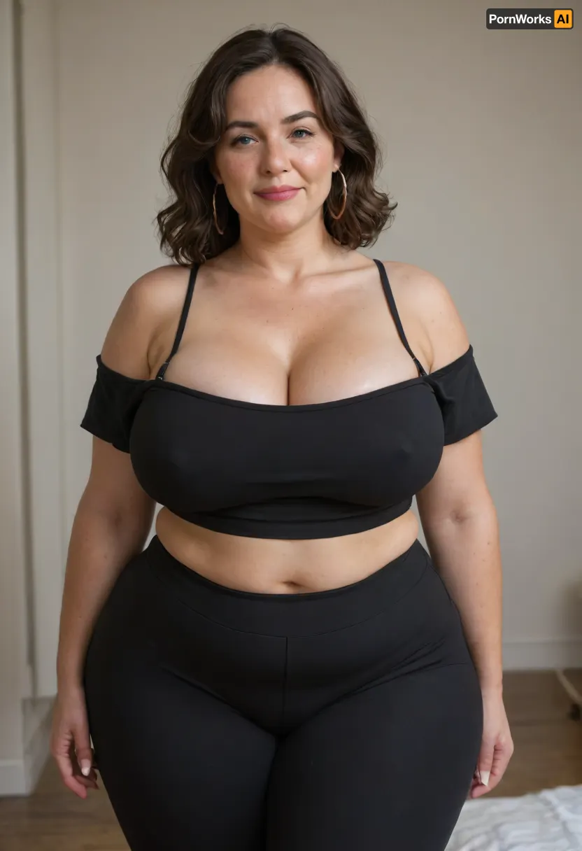 Mature, gilf, 80 years old, (oversized ssbbw:1.4), ., (Oversized thick thighs and oversized wide hips:1), . Oversized wide thin camisole. Natural brunette hair, thick. Freckles on face. Long eyelash. Full lips, lipstick. Tight highwaist yoga pants. Hoop earrings. Seductive posing. Seductive smile. Fupa. Light eyes, sagging, drooping, puffy cameltoe, bulging