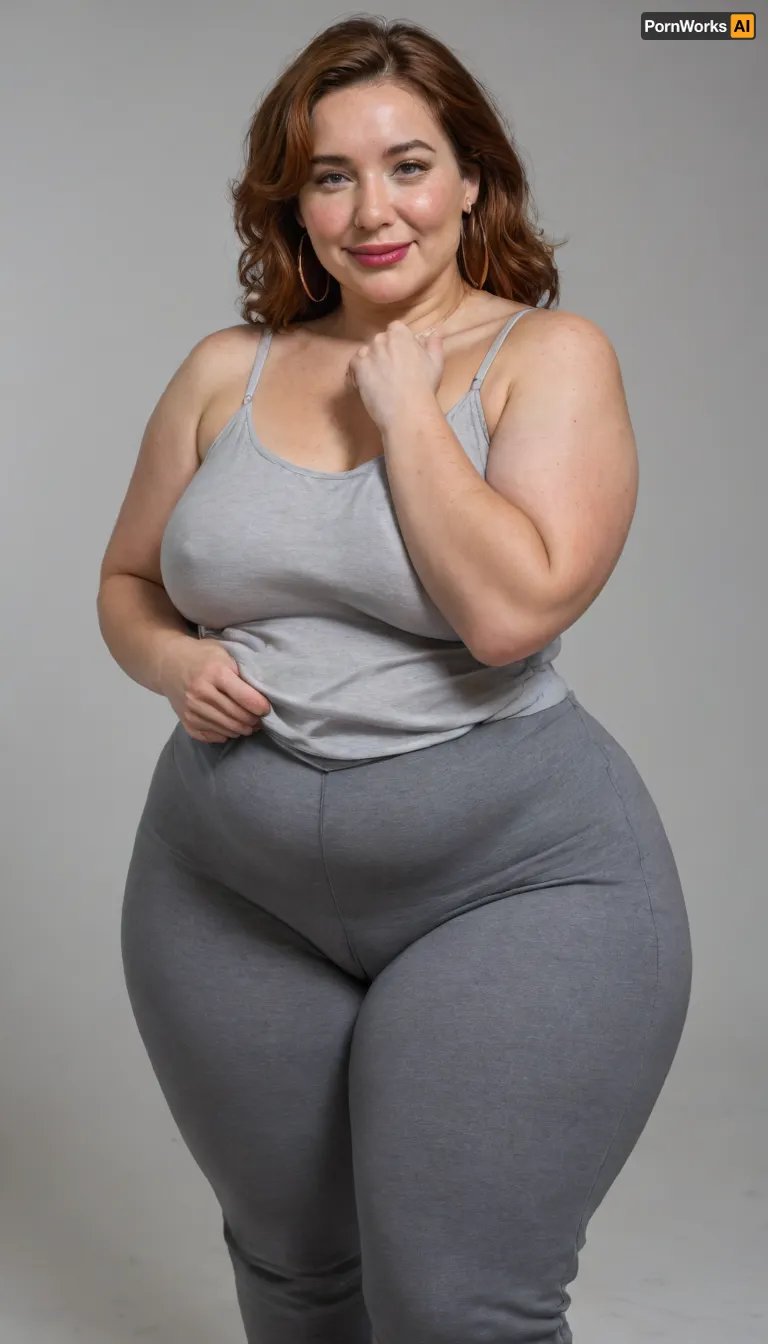 Mature, gilf, 80 years old, (oversized ssbbw:1.4), ., (Oversized thick thighs and oversized wide hips:1), . Oversized wide thin camisole. Natural auburn hair, thick. Freckles on face. Long eyelash. Full lips, lipstick. Tight highwaist yoga pants. Hoop earrings. Seductive posing. Seductive smile. Fupa. Light eyes, sagging, drooping, plump, puffy cameltoe, bulging