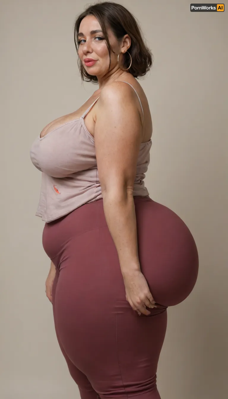 side view, Mature, gilf, 80 years old, (oversized ssbbw:1.3), ., (Oversized thick thighs and oversized wide hips:1), . Oversized wide thin camisole. Natural brown hair, thick. Freckles on face. Long eyelash. Full lips, lipstick. Tight highwaist yoga pants. Hoop earrings. Seductive posing. Seductive smile. Fupa. Light eyes, sagging, drooping, bulging cameltoe, puffy, plump, bottomheavy, big, ass, huge, gigantic, thick, thighs, massive, <lora:bottomheavy_v1_sdxl_tags:.1>