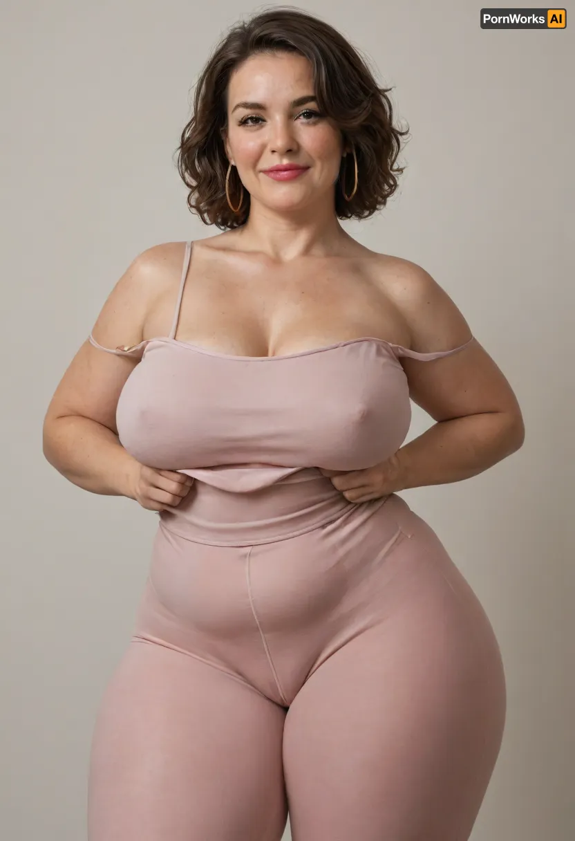 Mature, gilf, 80 years old, (oversized ssbbw:1), ., (Oversized thick thighs and oversized wide hips:1.2), . Oversized wide thin camisole. Natural brown hair, thick. Freckles on face. Long eyelash. Full lips, lipstick. Tight highwaist yoga pants. Hoop earrings. Seductive posing. Seductive smile. Fupa. Light eyes, sagging, drooping, bulging cameltoe, puffy, plump, bottomheavy, big, ass, huge, gigantic, thick, thighs, massive, <lora:bottomheavy_v1_sdxl_tags:.2>