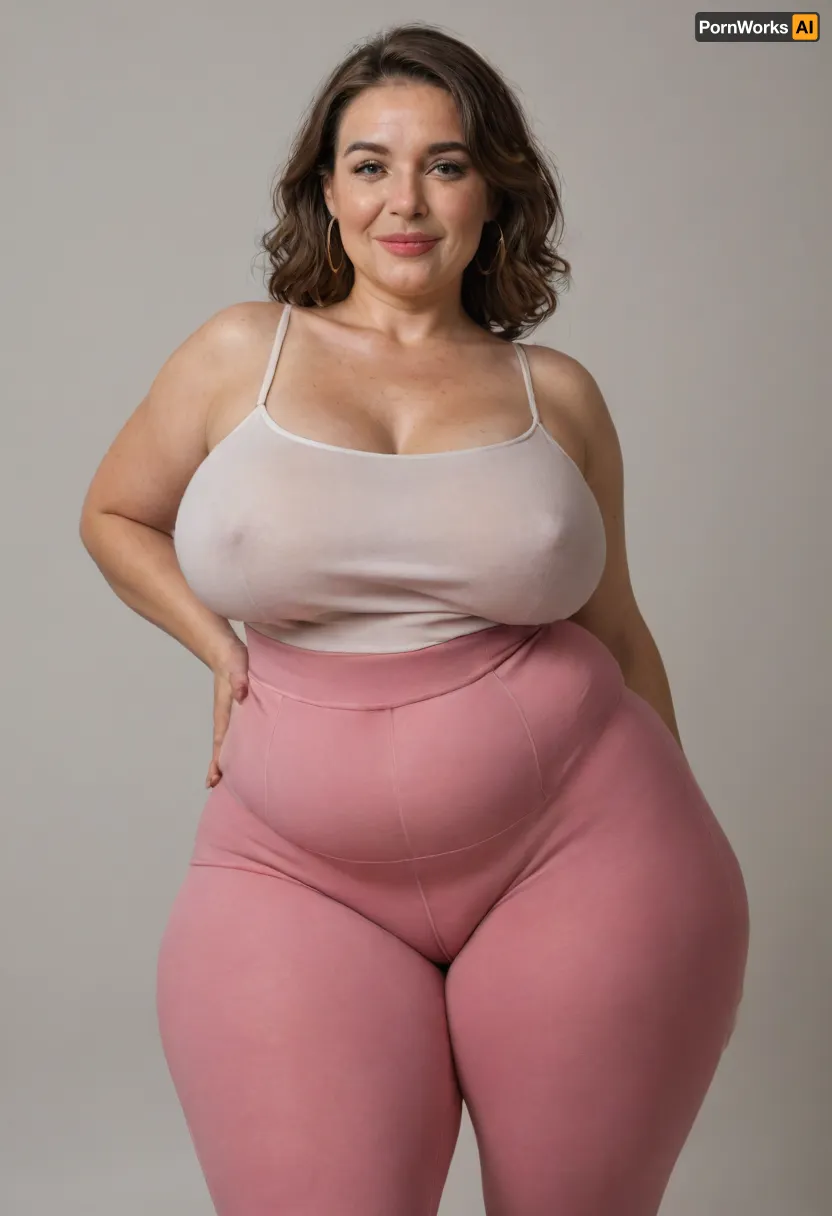 Mature, gilf, 80 years old, (oversized ssbbw:1.3), ., (Oversized thick thighs and oversized wide hips:1.2), . Oversized wide thin camisole. Natural brown hair, thick. Freckles on face. Long eyelash. Full lips, lipstick. Tight highwaist yoga pants. Hoop earrings. Seductive posing. Seductive smile. Fupa. Light eyes, sagging, drooping, bulging cameltoe, puffy, plump, bottomheavy, big, ass, huge, gigantic, thick, thighs, massive, <lora:bottomheavy_v1_sdxl_tags:.5>