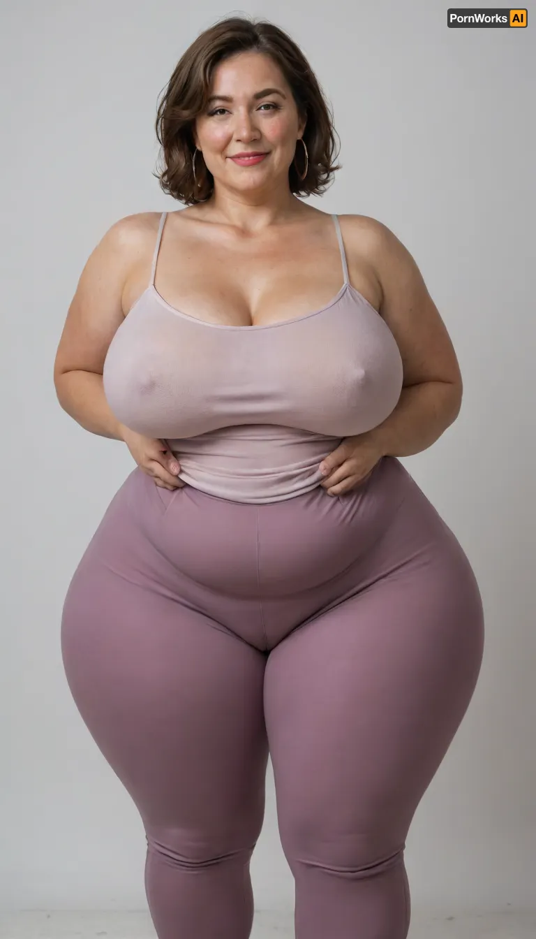 Mature, gilf, 80 years old, (oversized ssbbw:1.3), ., (Oversized thick thighs and oversized wide hips:1.2), . Oversized wide thin camisole. Natural brown hair, thick. Freckles on face. Long eyelash. Full lips, lipstick. Tight highwaist yoga pants. Hoop earrings. Seductive posing. Seductive smile. Fupa. Light eyes, sagging, drooping, bulging cameltoe, puffy, plump, bottomheavy, big, ass, huge, gigantic, thick, thighs, massive, <lora:bottomheavy_v1_sdxl_tags:.8>