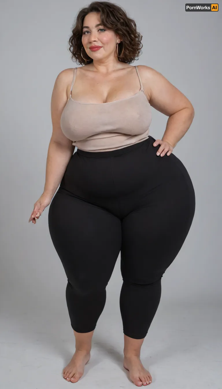 Mature, gilf, 80 years old, (oversized ssbbw:1.3), ., (Oversized thick thighs and oversized wide hips:1.2), . Oversized wide thin camisole. Natural brown hair, thick. Freckles on face. Long eyelash. Full lips, lipstick. Tight highwaist yoga pants. Hoop earrings. Seductive posing. Seductive smile. Fupa. Light eyes, sagging, drooping, bulging cameltoe, puffy, plump, bottomheavy, big, ass, huge, gigantic, thick, thighs, massive, <lora:bottomheavy_v1_sdxl_tags:.1>