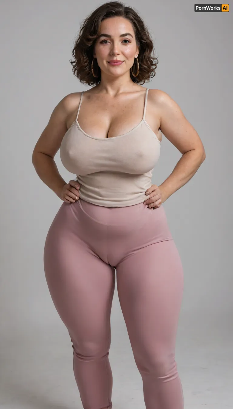 Mature, gilf, 80 years old, (oversized ssbbw:1), ., (Oversized thick thighs and oversized wide hips:1.2), . Oversized wide thin camisole. Natural brown hair, thick. Freckles on face. Long eyelash. Full lips, lipstick. Tight highwaist yoga pants. Hoop earrings. Seductive posing. Seductive smile. Fupa. Light eyes, sagging, drooping, bulging cameltoe, puffy, plump, bottomheavy, big, ass, huge, gigantic, thick, thighs, massive, <lora:bottomheavy_v1_sdxl_tags:.8>, <lora:Older_woman_v4-000002:.8>