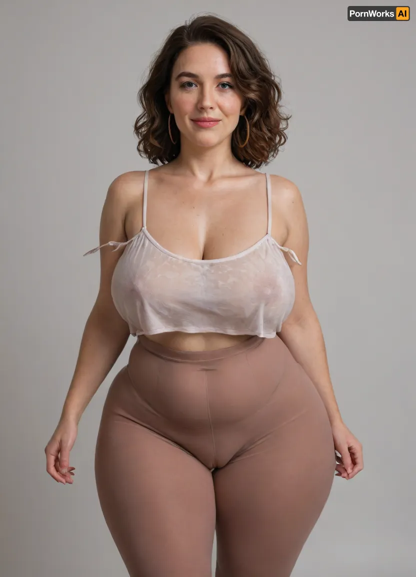 Mature, gilf, 80 years old, (oversized ssbbw:1), ., (Oversized thick thighs and oversized wide hips:1.2), . Oversized wide thin camisole. Natural brown hair, thick. Freckles on face. Long eyelash. Full lips, lipstick. Tight highwaist yoga pants. Hoop earrings. Seductive posing. Seductive smile. Fupa. Light eyes, sagging, drooping, bulging cameltoe, puffy, plump, bottomheavy, big, ass, huge, gigantic, thick, thighs, massive, <lora:bottomheavy_v1_sdxl_tags:.8>, <lora:Older_woman_v4-000002:.8>