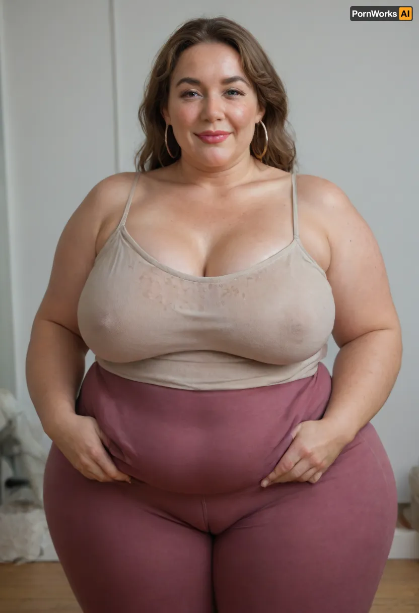 Mature, gilf, 80 years old, (oversized ssbbw:1.5), ., (Oversized thick thighs and oversized wide hips:1.2), . Oversized wide thin camisole. Natural brown hair, thick. Freckles on face. Long eyelash. Full lips, lipstick. Tight highwaist yoga pants. Hoop earrings. Seductive posing. Seductive smile. Fupa. Light eyes, sagging, drooping, bulging cameltoe, puffy, plump, blonde, wrinkles, jewelry, long, hair, short, smiling, 1girl, blue, eyes, <lora:Older_woman-000008:.8>