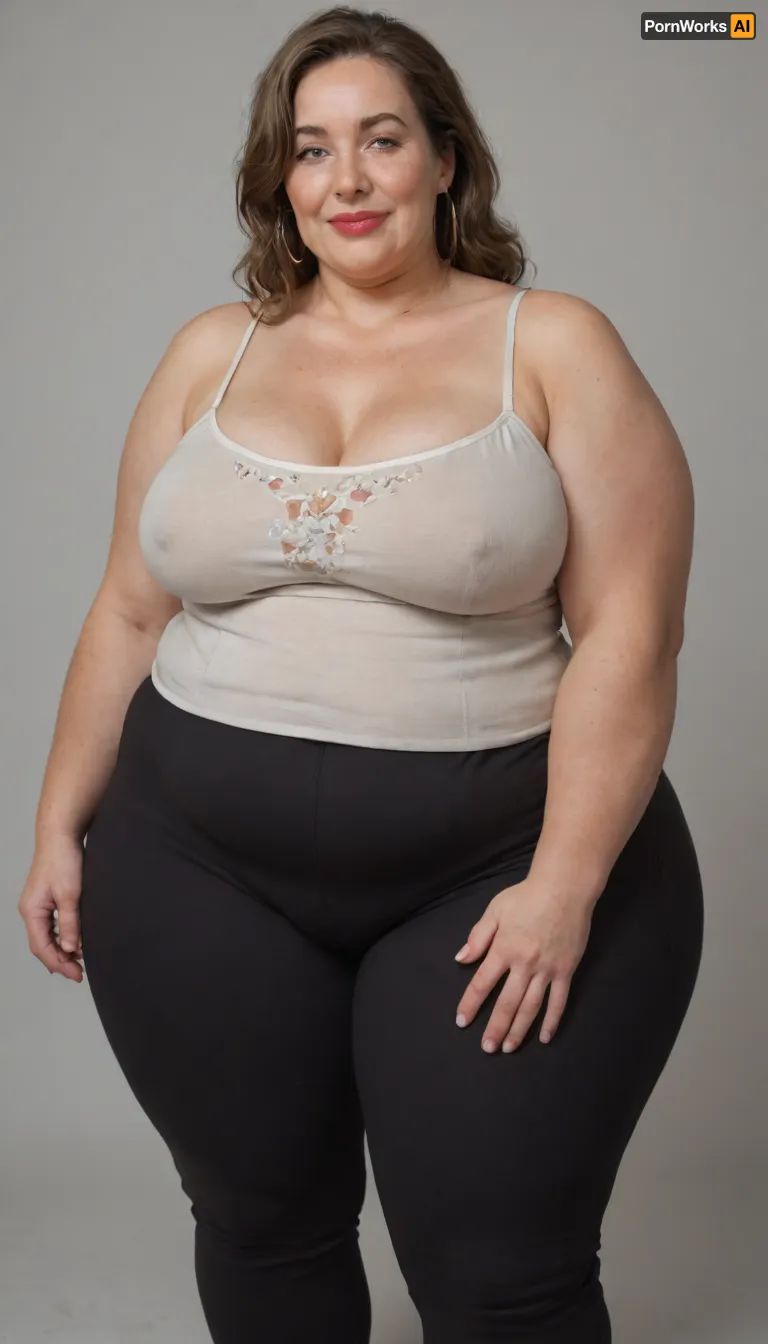 Mature, gilf, 80 years old, (oversized ssbbw:1.5), ., (Oversized thick thighs and oversized wide hips:1.2), . Oversized wide thin camisole. Natural brown hair, thick. Freckles on face. Long eyelash. Full lips, lipstick. Tight highwaist yoga pants. Hoop earrings. Seductive posing. Seductive smile. Fupa. Light eyes, sagging, drooping, bulging cameltoe, puffy, plump, blonde, wrinkles, jewelry, long, hair, short, smiling, 1girl, blue, eyes, <lora:Older_woman-000008:.8>
