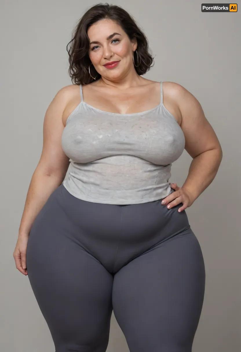 Mature, gilf, 80 years old, (oversized ssbbw:1.5), ., (Oversized thick thighs and oversized wide hips:1.2), . Oversized wide thin camisole. Natural black hair, thick. Freckles on face. Long eyelash. Full lips, lipstick. Tight highwaist yoga pants. Hoop earrings. Seductive posing. Seductive smile. Fupa. Light eyes, sagging, drooping, bulging cameltoe, puffy, plump, blonde, wrinkles, jewelry, long, hair, short, smiling, 1girl, blue, eyes, <lora:Older_woman-000008:.8>