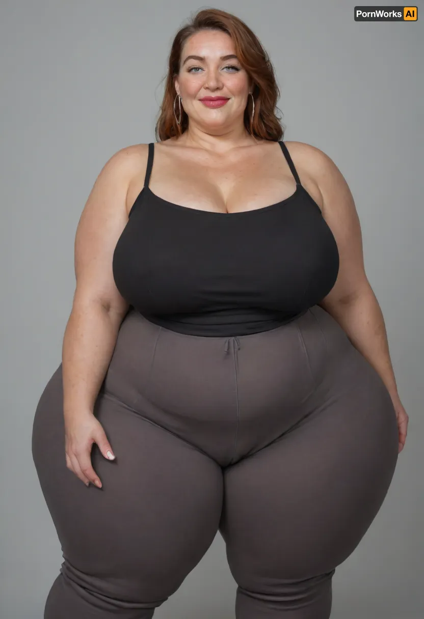 Mature, gilf, 80 years old, (oversized ssbbw:1.5), ., (Oversized thick thighs and oversized wide hips:1.2), . Oversized wide thin camisole. Natural auburn hair, thick. Freckles on face. Long eyelash. Full lips, lipstick. Tight highwaist yoga pants. Hoop earrings. Seductive posing. Seductive smile. Fupa. Light eyes, sagging, drooping, bulging cameltoe, puffy, plump, blonde, wrinkles, jewelry, long, hair, short, smiling, 1girl, blue, eyes, <lora:Older_woman-000008:.8>
