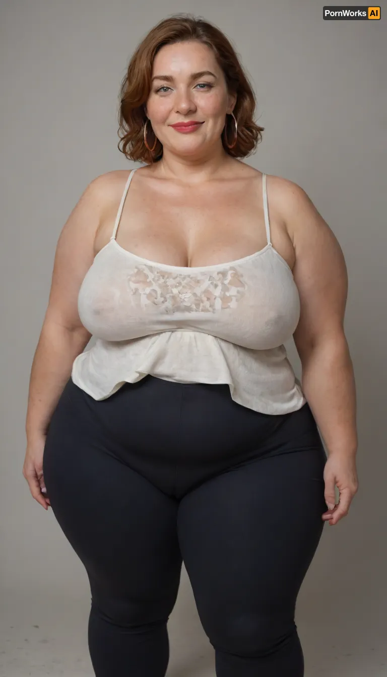 Mature, gilf, 80 years old, (oversized ssbbw:1.5), ., (Oversized thick thighs and oversized wide hips:1), . Oversized wide thin camisole. Natural auburn hair, thick. Freckles on face. Long eyelash. Full lips, lipstick. Tight highwaist yoga pants. Hoop earrings. Seductive posing. Seductive smile. Fupa. Light eyes, sagging, drooping, bulging cameltoe, puffy, plump, blonde, wrinkles, jewelry, long, hair, short, smiling, 1girl, blue, eyes, <lora:Older_woman-000008:.8>