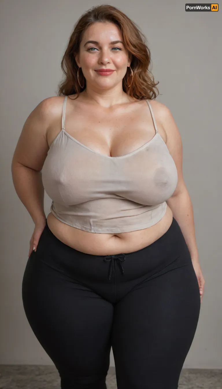 Mature, gilf, 80 years old, (oversized ssbbw:1.5), ., (Oversized thick thighs and oversized wide hips:1), . Oversized wide thin camisole. Natural auburn hair, thick. Freckles on face. Long eyelash. Full lips, lipstick. Tight highwaist yoga pants. Hoop earrings. Seductive posing. Seductive smile. Fupa. Light eyes, sagging, drooping, bulging cameltoe, puffy, plump, blonde, wrinkles, jewelry, long, hair, short, smiling, 1girl, blue, eyes, <lora:Older_woman-000008:.8>
