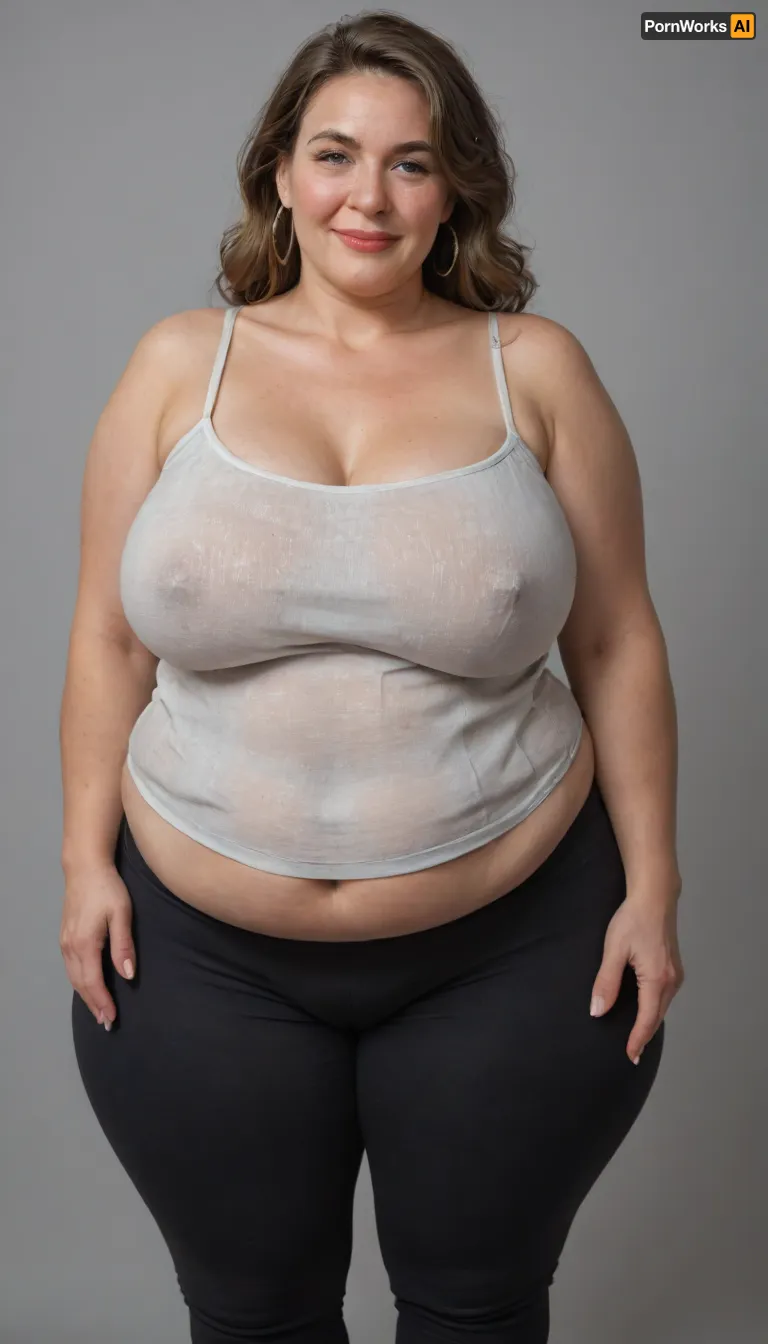 Mature, gilf, 80 years old, (oversized ssbbw:1.5), ., (Oversized thick thighs and oversized wide hips:1), . Oversized wide thin camisole. Natural brown hair, thick. Freckles on face. Long eyelash. Full lips, lipstick. Tight highwaist yoga pants. Hoop earrings. Seductive posing. Seductive smile. Fupa. Light eyes, sagging, drooping, bulging cameltoe, puffy, plump, blonde, wrinkles, jewelry, long, hair, short, smiling, 1girl, blue, eyes, <lora:Older_woman-000008:.8>