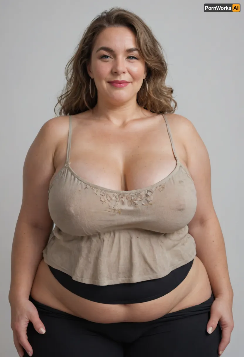 Mature, gilf, 80 years old, (oversized ssbbw:1.5), ., (Oversized thick thighs and oversized wide hips:1), . Oversized wide thin camisole. Natural brown hair, thick. Freckles on face. Long eyelash. Full lips, lipstick. Tight highwaist yoga pants. Hoop earrings. Seductive posing. Seductive smile. Fupa. Light eyes, sagging, drooping, bulging cameltoe, puffy, plump, blonde, wrinkles, jewelry, long, hair, short, smiling, 1girl, blue, eyes, <lora:Older_woman-000008:.8>