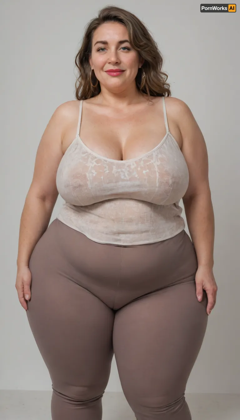 Mature, gilf, 80 years old, (oversized ssbbw:1.5), ., (Oversized thick thighs and oversized wide hips:1), . Oversized wide thin camisole. Natural brown hair, thick. Freckles on face. Long eyelash. Full lips, lipstick. Tight highwaist yoga pants. Hoop earrings. Seductive posing. Seductive smile. Fupa. Blue eyes, sagging, drooping, bulging cameltoe, puffy, plump, blonde, wrinkles, jewelry, long, hair, short, smiling, 1girl, blue, eyes, <lora:Older_woman-000008:.4>