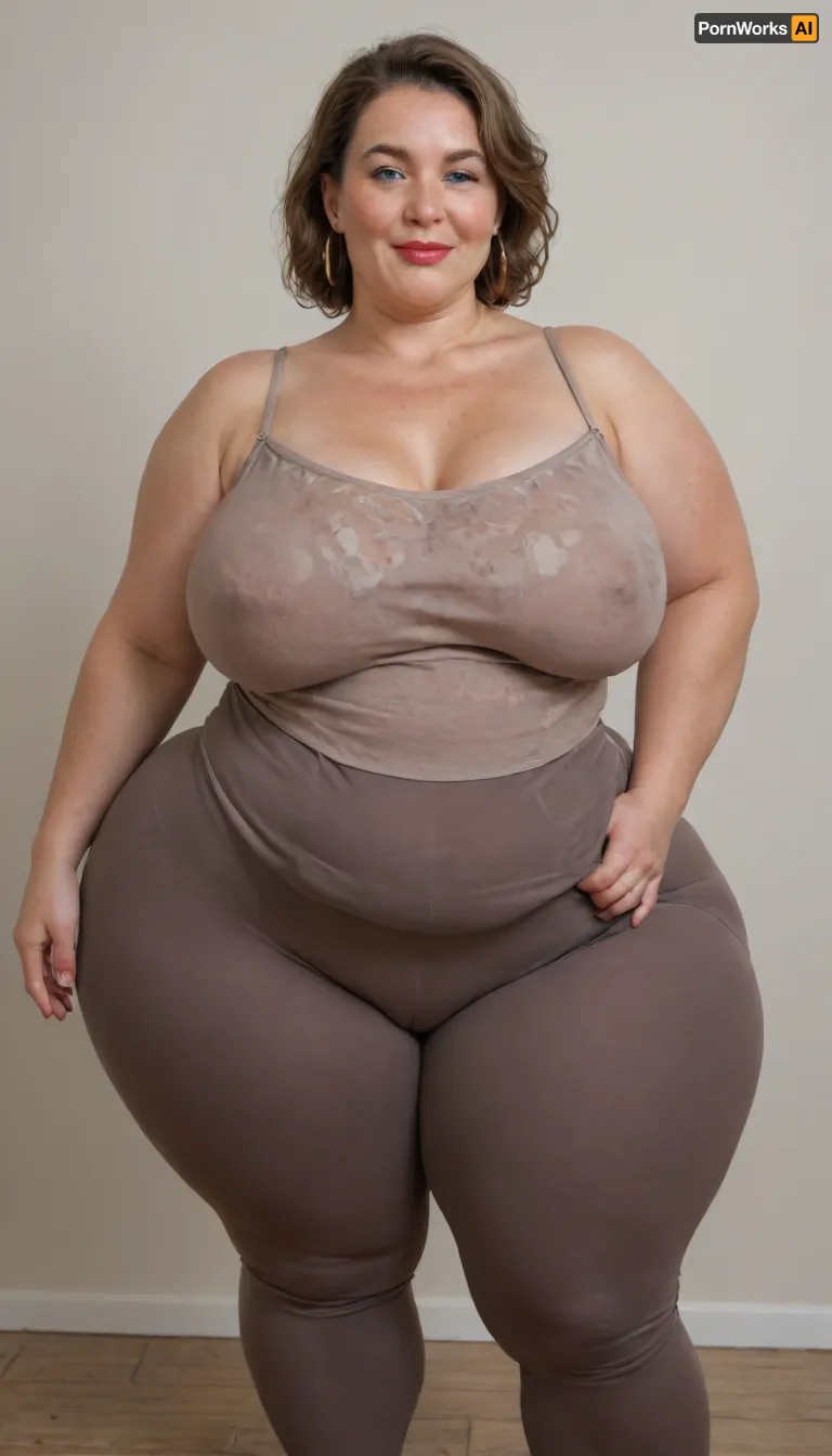 Mature, gilf, 80 years old, (oversized ssbbw:1.5), ., (Oversized thick thighs and oversized wide hips:1.2), . Oversized wide thin camisole. Natural brown hair, thick. Freckles on face. Long eyelash. Full lips, lipstick. Tight highwaist yoga pants. Hoop earrings. Seductive posing. Seductive smile. Fupa. Blue eyes, sagging, drooping, bulging cameltoe, puffy, plump, blonde, wrinkles, jewelry, long, hair, short, smiling, 1girl, blue, eyes, <lora:Older_woman-000008:.4>