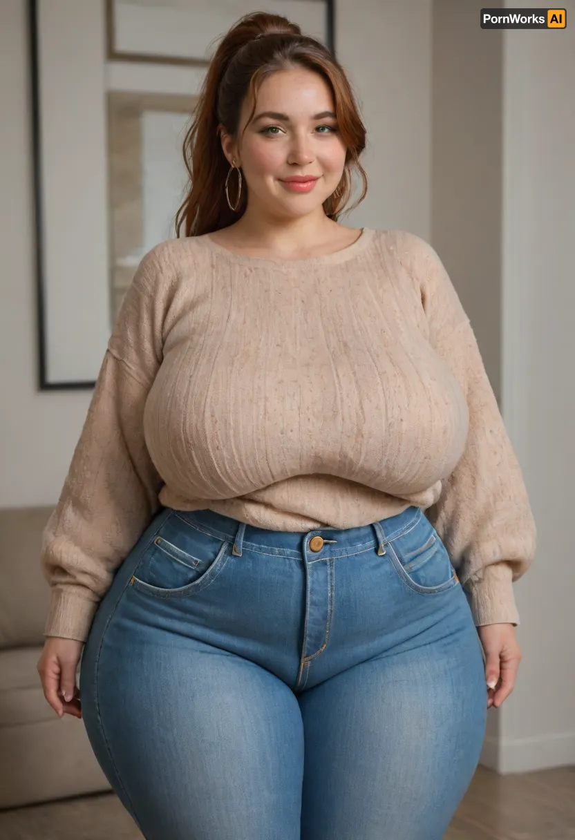 Mature, 60 years old, (oversized ssbbw:1.5), ., (Oversized thick thighs and oversized wide hips:1), . Oversized wide sweater. Natural auburn hair, thick ponytail. Freckles on face. Long eyelash. Busty lips, lipstick. Tight highwaist jeans. Big earrings. Seductive posing. Seductive smile. Fupa. Green eyes