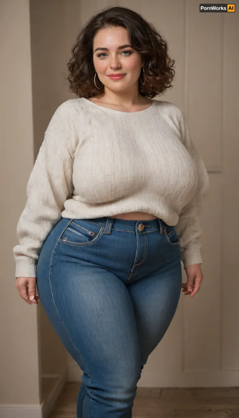 Mature, gilf, 60 years old, (oversized ssbbw:1.3), ., (Oversized thick thighs and oversized wide hips:1), . Oversized wide sweater. Natural chestnut hair, thick. Freckles on face. Long eyelash. Busty lips, lipstick. Tight highwaist jeans. Big earrings. Seductive posing. Seductive smile. Fupa. Green eyes