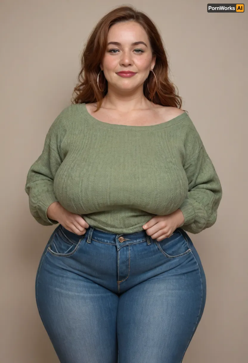 Mature, gilf, 60 years old, (oversized ssbbw:1.3), ., (Oversized thick thighs and oversized wide hips:1), . Oversized wide sweater. Natural auburn hair, thick. Freckles on face. Long eyelash. Full lips, lipstick. Tight highwaist jeans. Hoop earrings. Seductive posing. Seductive smile. Fupa. Green eyes
