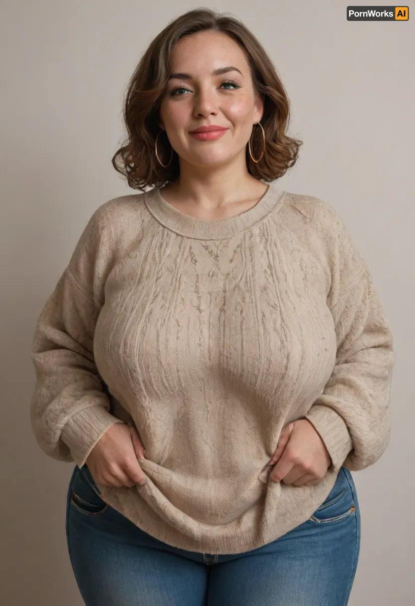 Mature, gilf, 80 years old, (oversized ssbbw:1.4), ., (Oversized thick thighs and oversized wide hips:1), . Oversized wide thin sweater. Natural brown hair, thick. Freckles on face. Long eyelash. Full lips, lipstick. Tight highwaist jeans. Hoop earrings. Seductive posing. Seductive smile. Fupa. Green eyes, sagging, drooping
