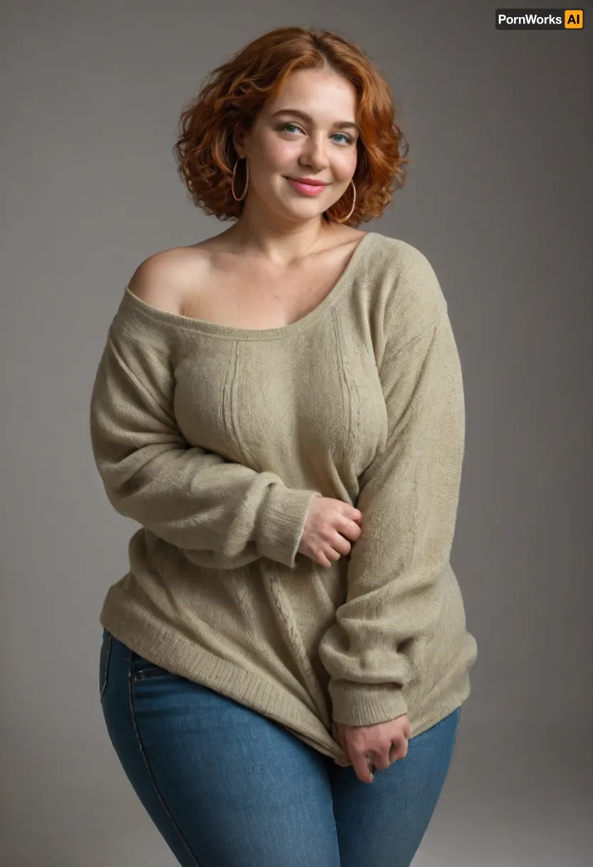 Mature, gilf, 60 years old, (oversized ssbbw:1.4), ., (Oversized thick thighs and oversized wide hips:1), . Oversized wide thin sweater. Natural ginger hair, thick. Freckles on face. Long eyelash. Full lips, lipstick. Tight highwaist jeans. Hoop earrings. Seductive posing. Seductive smile. Fupa. Green eyes, sagging, drooping