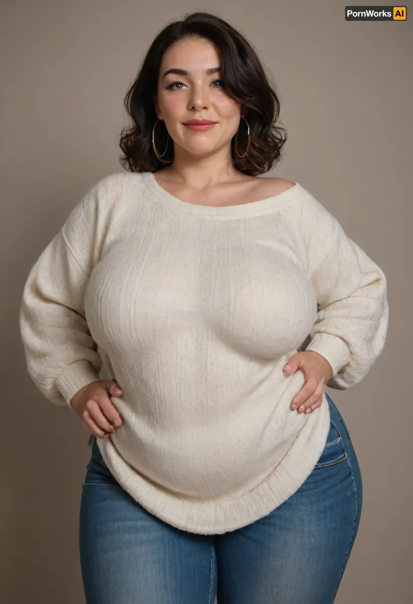 Mature, gilf, 80 years old, (oversized ssbbw:1.4), ., (Oversized thick thighs and oversized wide hips:1), . Oversized wide thin sweater. Natural black hair, thick. Freckles on face. Long eyelash. Full lips, lipstick. Tight highwaist jeans. Hoop earrings. Seductive posing. Seductive smile. Fupa. Green eyes, sagging, drooping