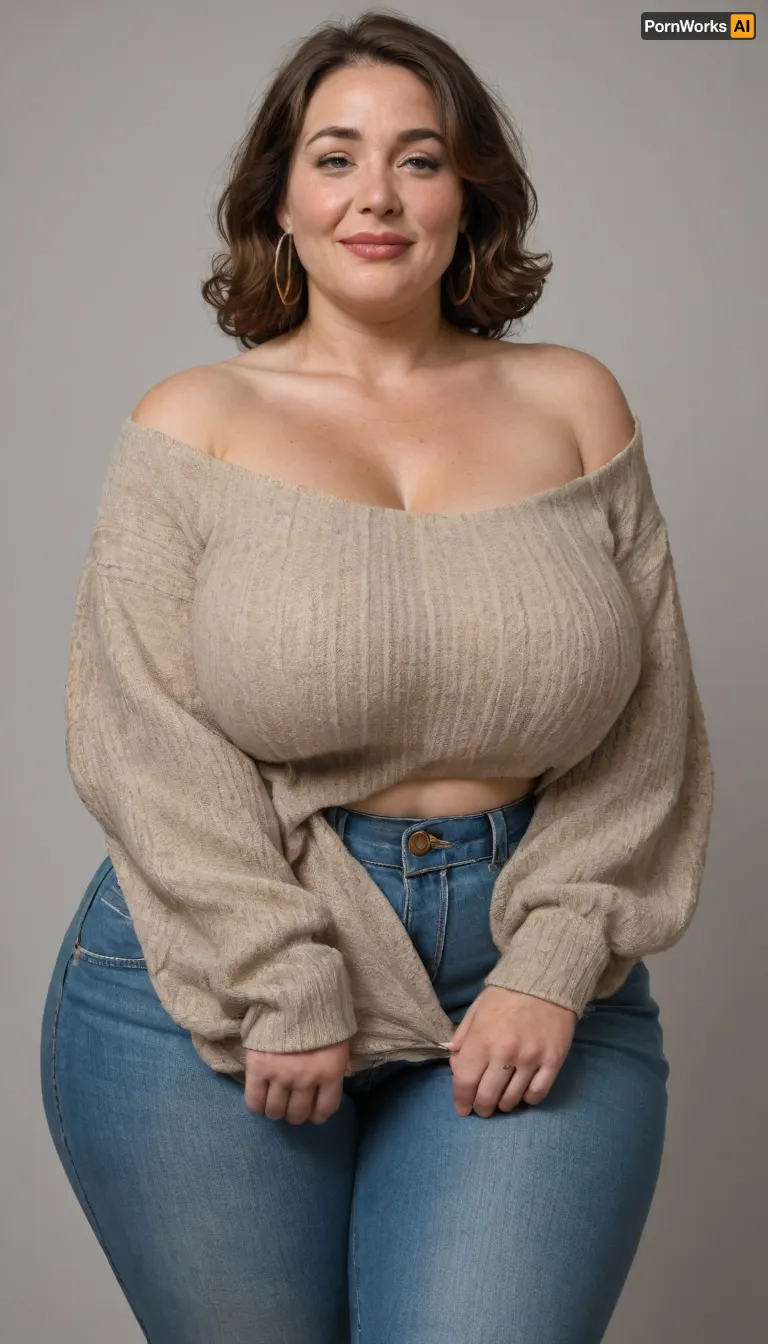 Mature, gilf, 80 years old, (oversized ssbbw:1.4), ., (Oversized thick thighs and oversized wide hips:1.2), . Oversized wide thin sweater. Natural brown hair, thick. Freckles on face. Long eyelash. Full lips, lipstick. Tight highwaist jeans. Hoop earrings. Seductive posing. Seductive smile. Fupa. Green eyes, sagging, drooping