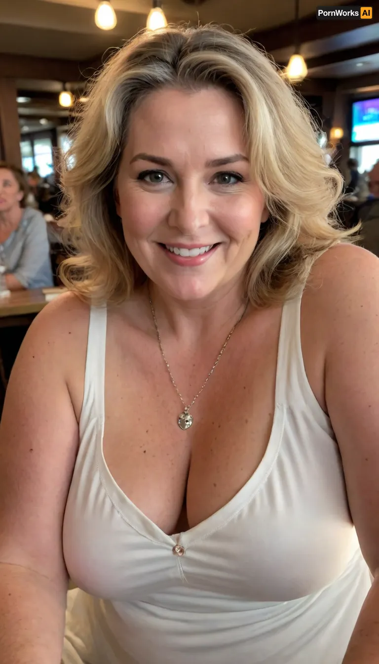 Raw picture, iPhone 15 pro photo, warm light, group of ssbbw Belgian woman, 65 years old, looking at the camera, smiling, large boobs, saggy boobs, slim, brown necklace, taking a selfie in a busy bar, flashphoto, Pale skin, showing her boobs, dark light, skin detailed with skin imperfections, long white sun dress