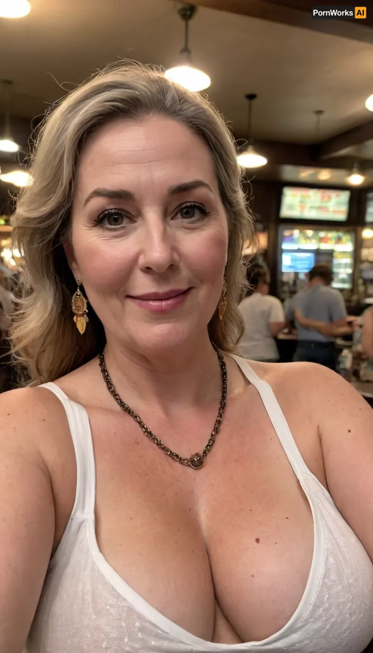 Raw picture, iPhone 15 pro photo, warm light, group of ssbbw Belgian woman, 65 years old, light eyes, looking at the camera, smiling, large boobs, saggy boobs, slim, brown necklace, taking a selfie in a busy bar, flashphoto, Pale skin, showing her boobs, dark light, skin detailed with skin imperfections, long white sun dress, braless