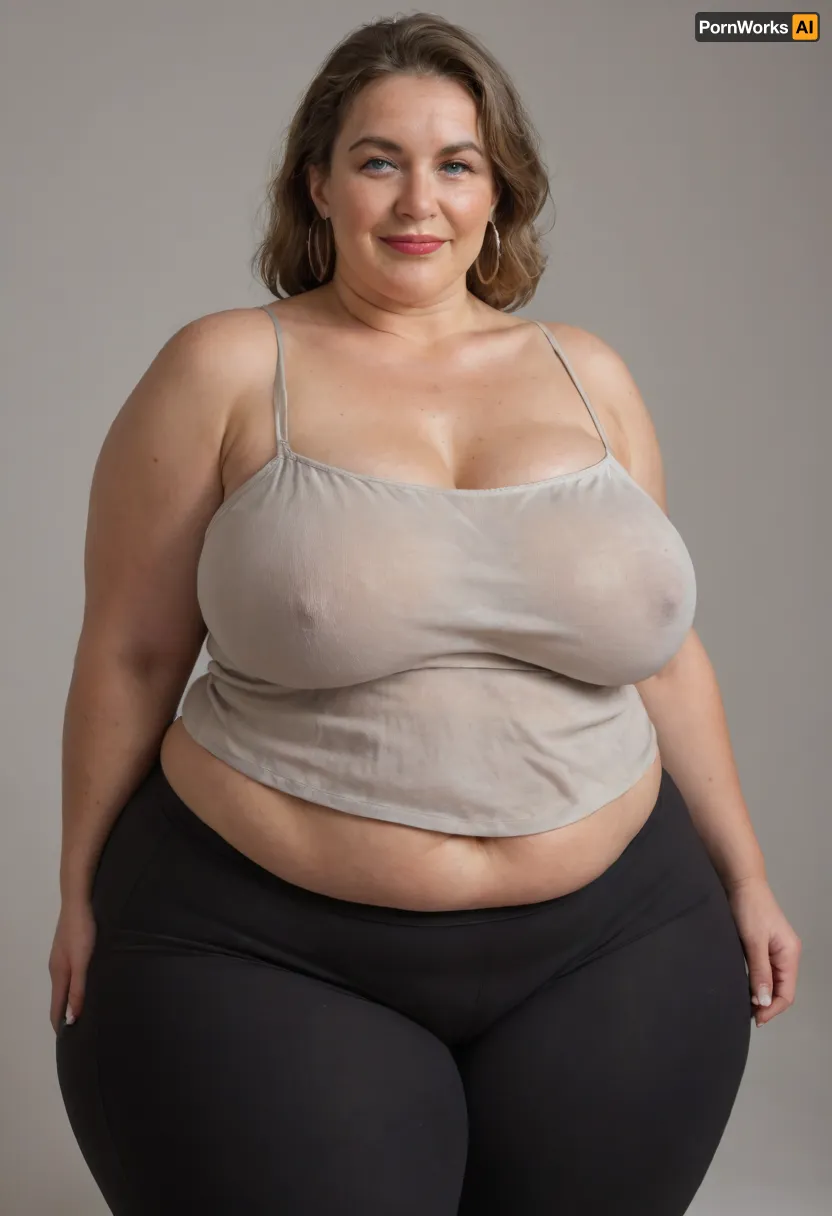 Mature, gilf, 80 years old, (oversized ssbbw:1.5), ., (Oversized thick thighs and oversized wide hips:1.2), . Oversized wide thin camisole. Natural brown hair, thick. Freckles on face. Long eyelash. Full lips, lipstick. Tight highwaist yoga pants. Hoop earrings. Seductive posing. Seductive smile. Fupa. Blue eyes, sagging, drooping, bulging cameltoe, puffy, plump, blonde, wrinkles, jewelry, long, hair, short, smiling, 1girl, blue, eyes, <lora:Older_woman-000008:.4>