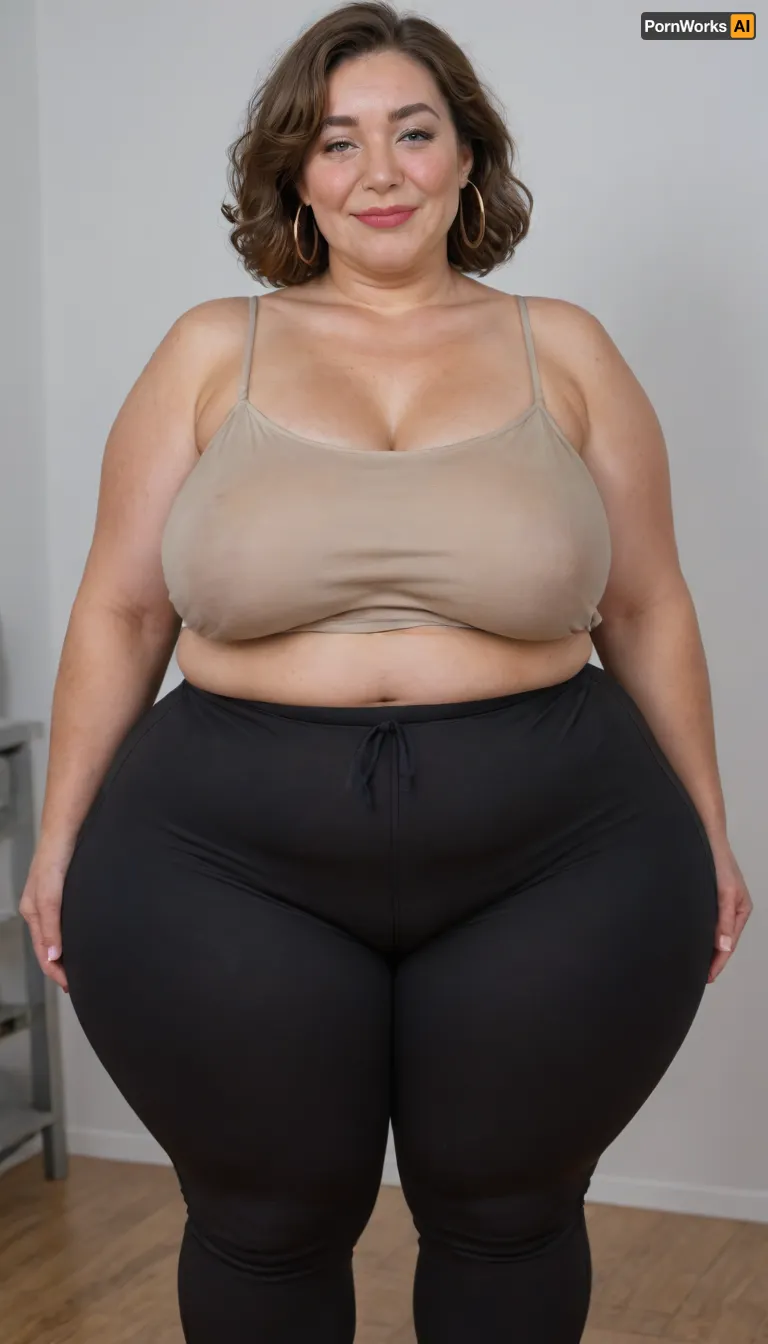 Mature, gilf, 80 years old, (oversized ssbbw:1.5), ., (Oversized thick thighs and oversized wide hips:1.2), . Oversized wide thin camisole. Natural brown hair, thick. Freckles on face. Long eyelash. Full lips, lipstick. Tight highwaist yoga pants. Hoop earrings. Seductive posing. Seductive smile. Fupa. Big eyes, sagging, drooping, bulging cameltoe, puffy, plump, blonde, wrinkles, jewelry, long, hair, short, smiling, 1girl, blue, eyes