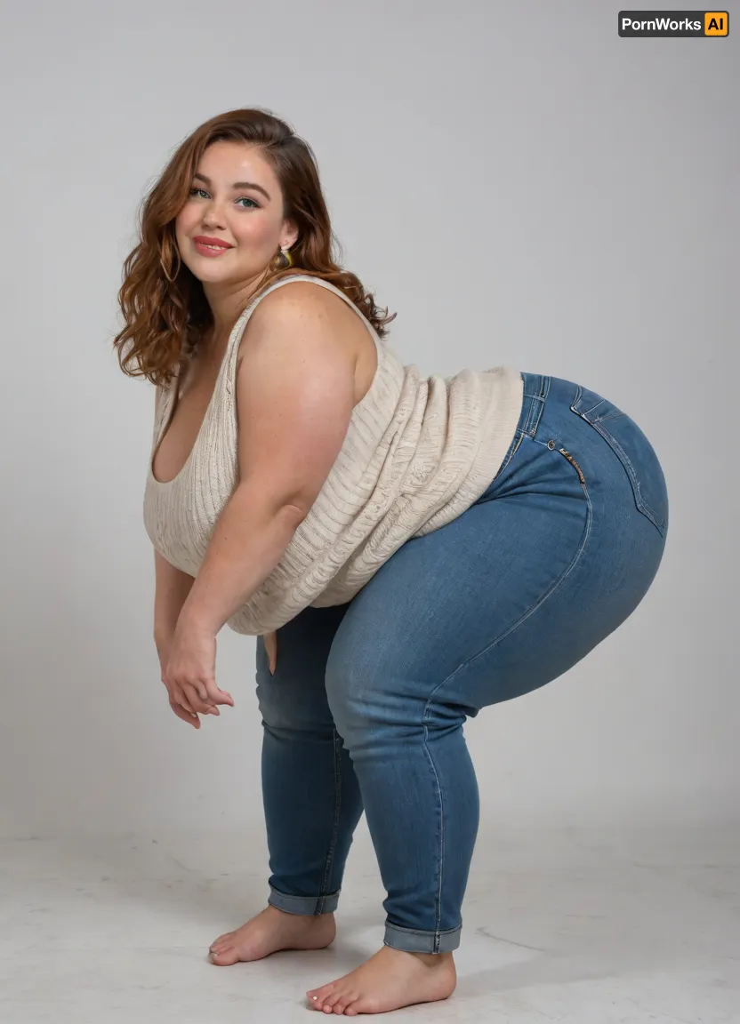 Side view, Mature, 80 years old, (oversized ssbbw:1.5), ., (Oversized thick thighs and oversized wide hips:1), . Oversized wide sleeveless sweater. Natural auburn hair, thick. Freckles on face. Long eyelash. Busty lips, lipstick. Tight jeans. Big earrings. Seductive posing, bent over to the camera. Seductive smile. Hanging breasts