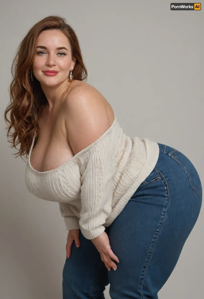Side view, Mature, 80 years old, (oversized ssbbw:1.5), ., (Oversized thick thighs and oversized wide hips:1), . Oversized wide sleeveless sweater. Natural auburn hair, thick. Freckles on face. Long eyelash. Busty lips, lipstick. Tight jeans. Big earrings. Seductive posing, bent over to the camera. Seductive smile. Hanging breasts, blonde, wrinkles, jewelry, long, hair, short, smiling, 1girl, blue, eyes, <lora:Older_woman-000008:.8>